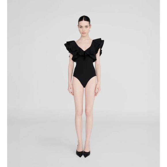 Maygel Coronel “Santa” one piece signature ruffle neck black swimsuit. One Size - Picture 1 of 10
